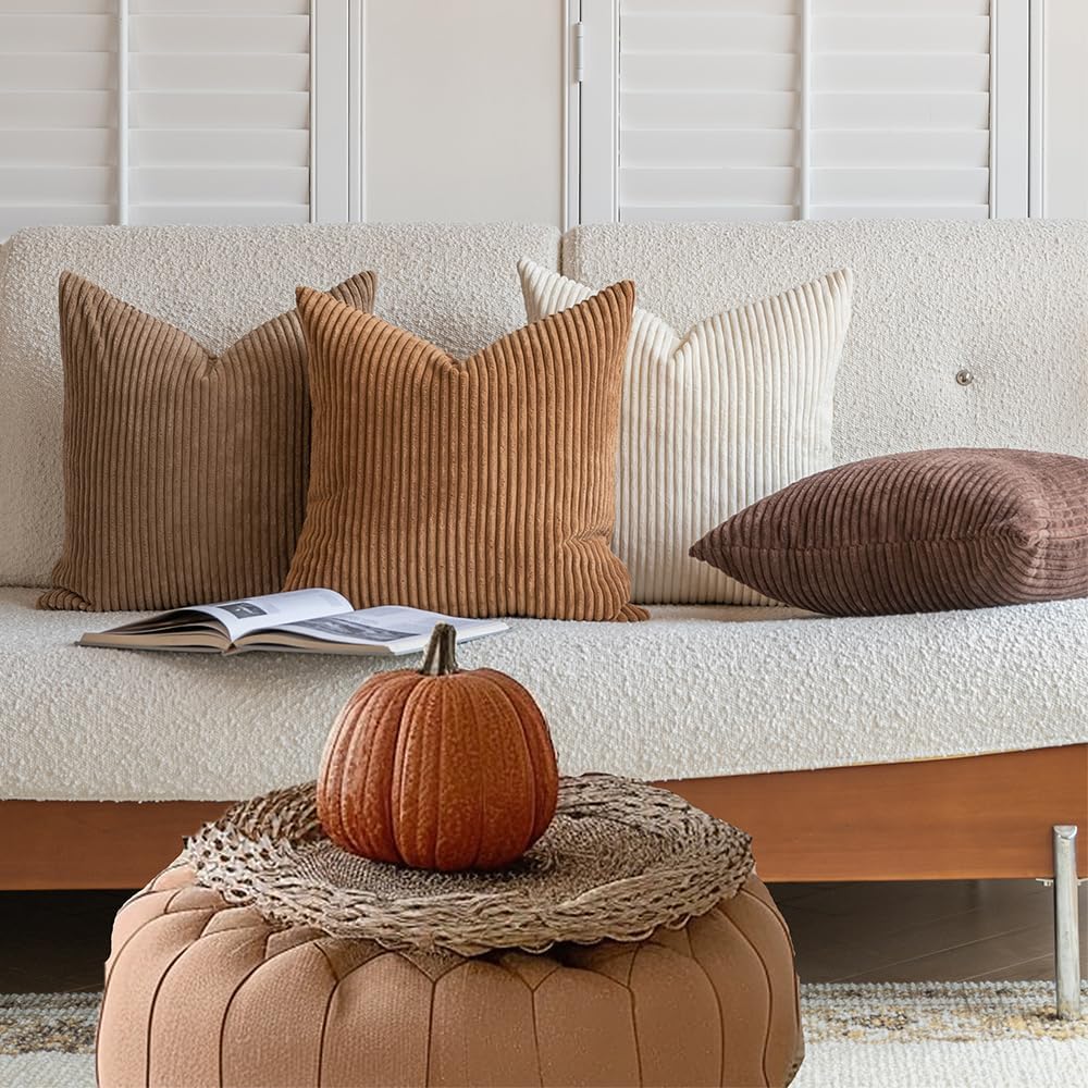 LANANAS Neutral Couch Throw Pillow Covers 18x18 Inch Set of 4 Decorative Farmhouse Boho Throw Pillows for Living Room, Couch, Bed, Sofa Soft Corduroy Accent Home Decor (Neutral Brown, 18x18 Inch)