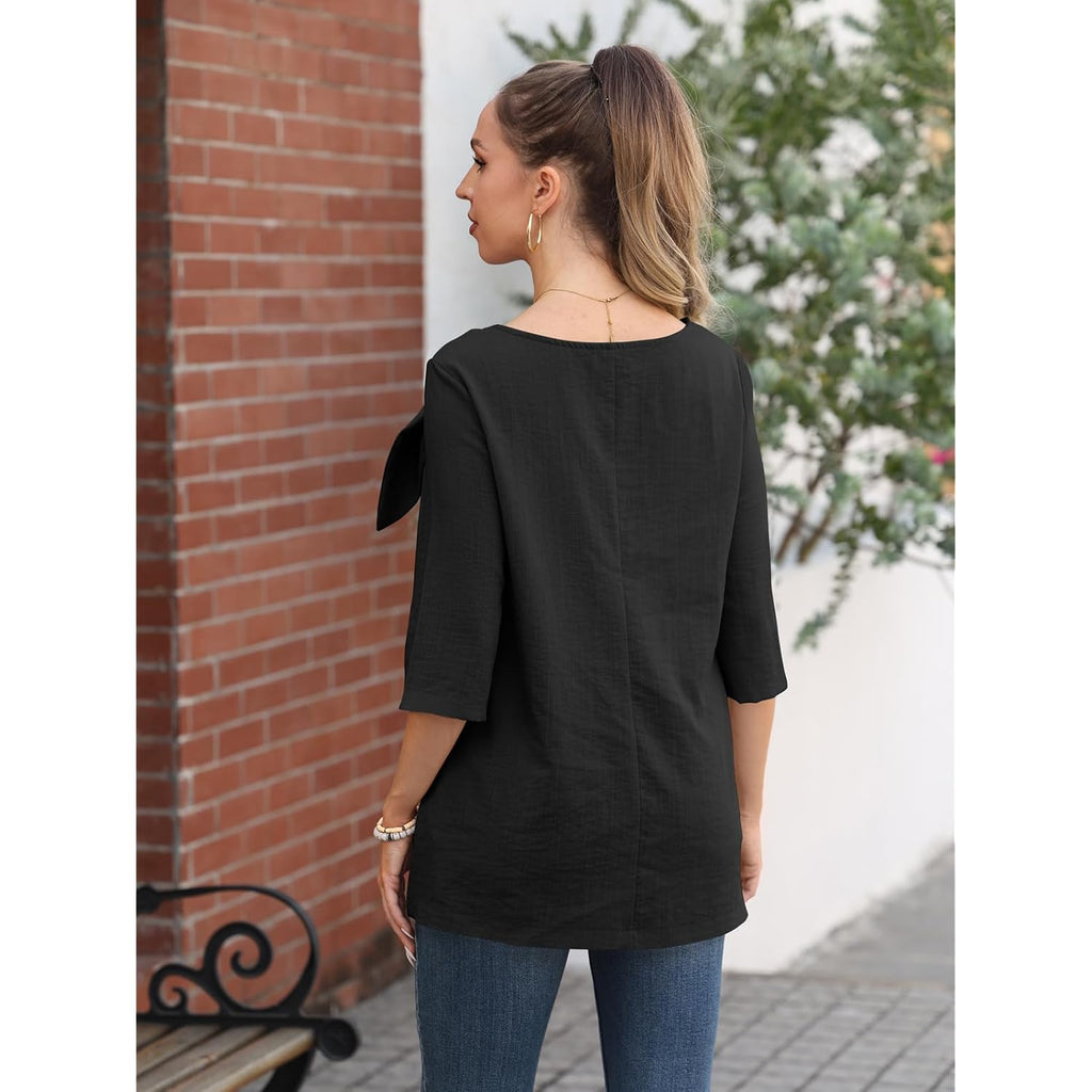 Summer Tunic Tops for Women 3/4 Sleeve Linen Blouse with Pockets & Bow Tie Neck Ladies Tops for Brunch Casual Wear