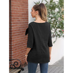 Summer Tunic Tops for Women 3/4 Sleeve Linen Blouse with Pockets & Bow Tie Neck Ladies Tops for Brunch Casual Wear