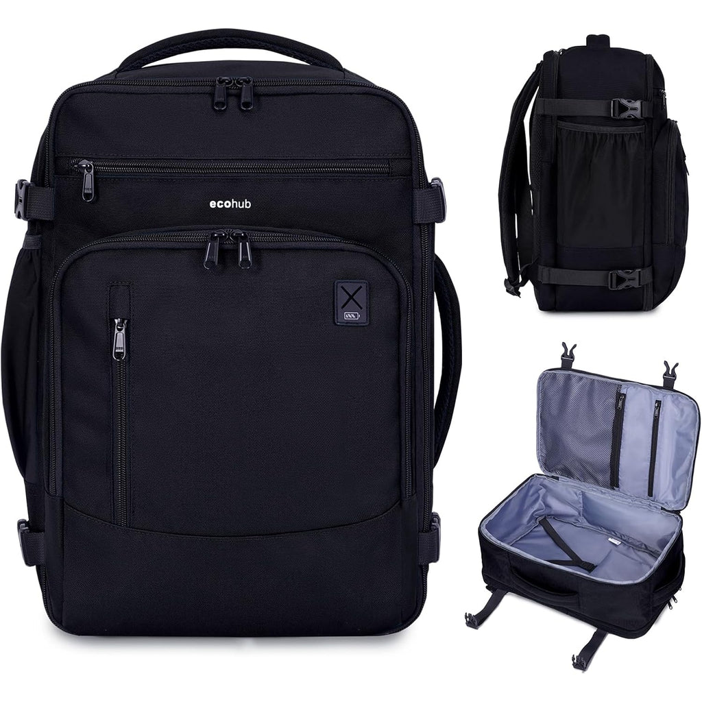 Ecohub 17" Small Travel Backpack, United Airlines Personal Item Bag 17X10X9 With 16 Pockets, Water Resistant Rucksacks Fit 15.6" Laptop, Airtag Pocket, Lightweight Casual Daypack, 25L, Black