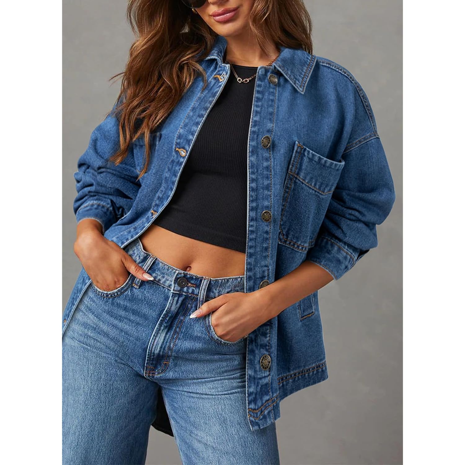 Sidefeel Women'S Jean Jacket Oversized Boyfriend Button Up Long Sleeve Split Zimbaplatinum Denim Jackets
