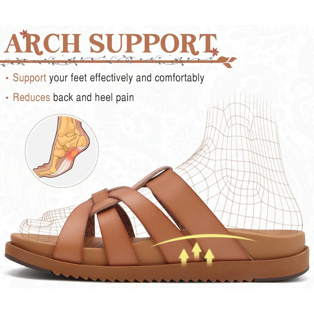 Kuailu Gladiator Sandals For Women With Comfortable Arch Support Summer Beach Walking Fisherman Slides Boho Outfits Flats Slip On Cushion Shoes Indoor Outdoor