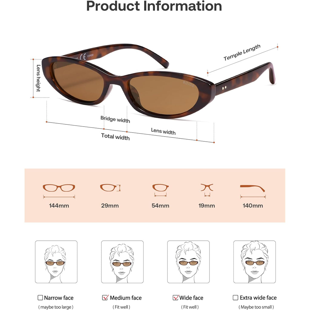 SOJOS Trendy Y2k Cat Eye Polarized Sunglasses Womens Mens, 80s 90s Retro Thin Small Oval Sunnies SJ2664