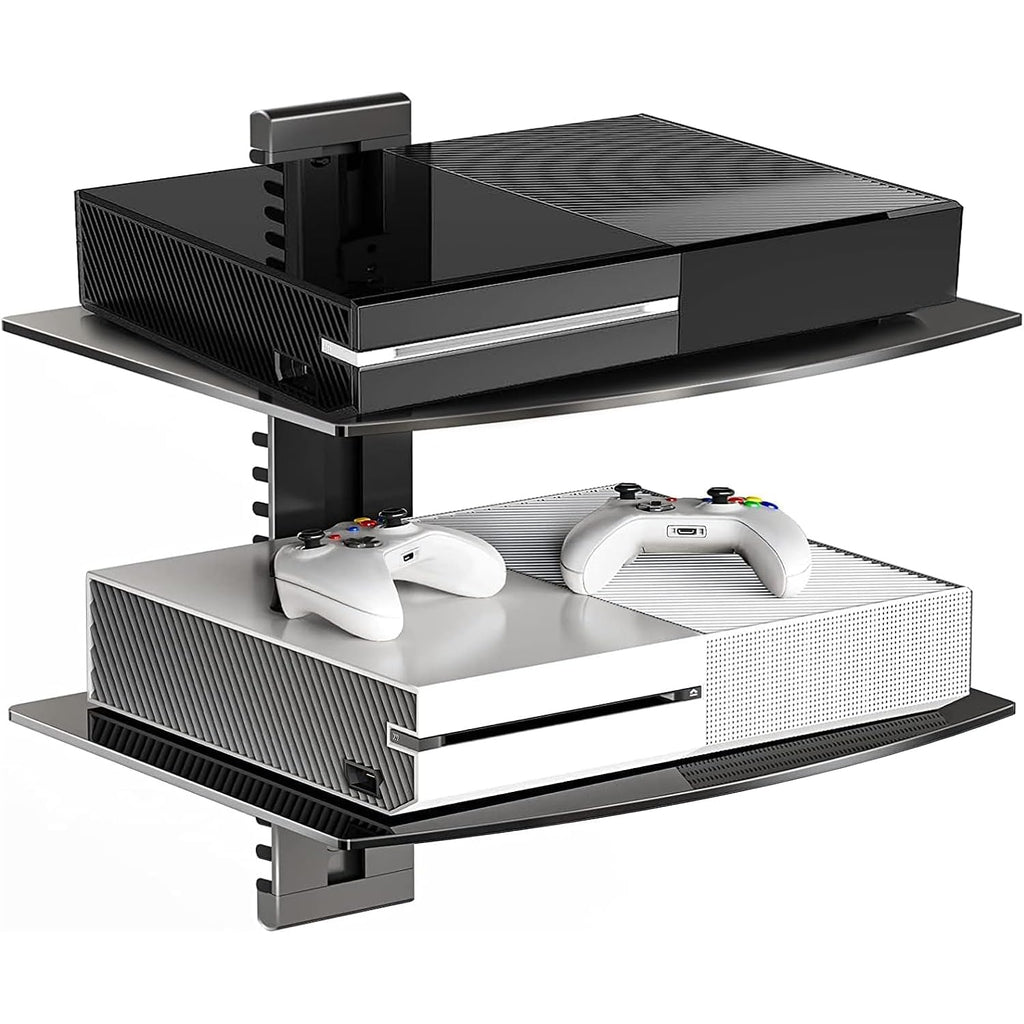 Suptek Glass Floating Shelves, Tv Wall Mount With Shelf For Dvd Player / Ps4 / Cable Boxes/Game Consoles/Sky Box/Tv Accessories, Flat Black 2-Tier Wall Mount Bracket