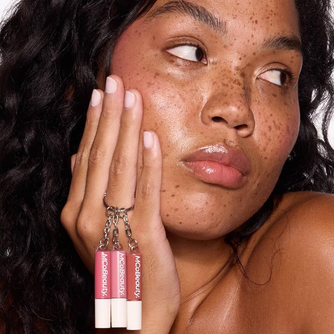 MCoBeauty Lip Gloss Trio - 3 in 1 Keychain Mini Glosses Set - High Shine Hydrating Non Sticky Clear Tinted Lip Color Pack - Doe Foot Applicator - For On the Go Makeup - Vegan & Cruelty Free