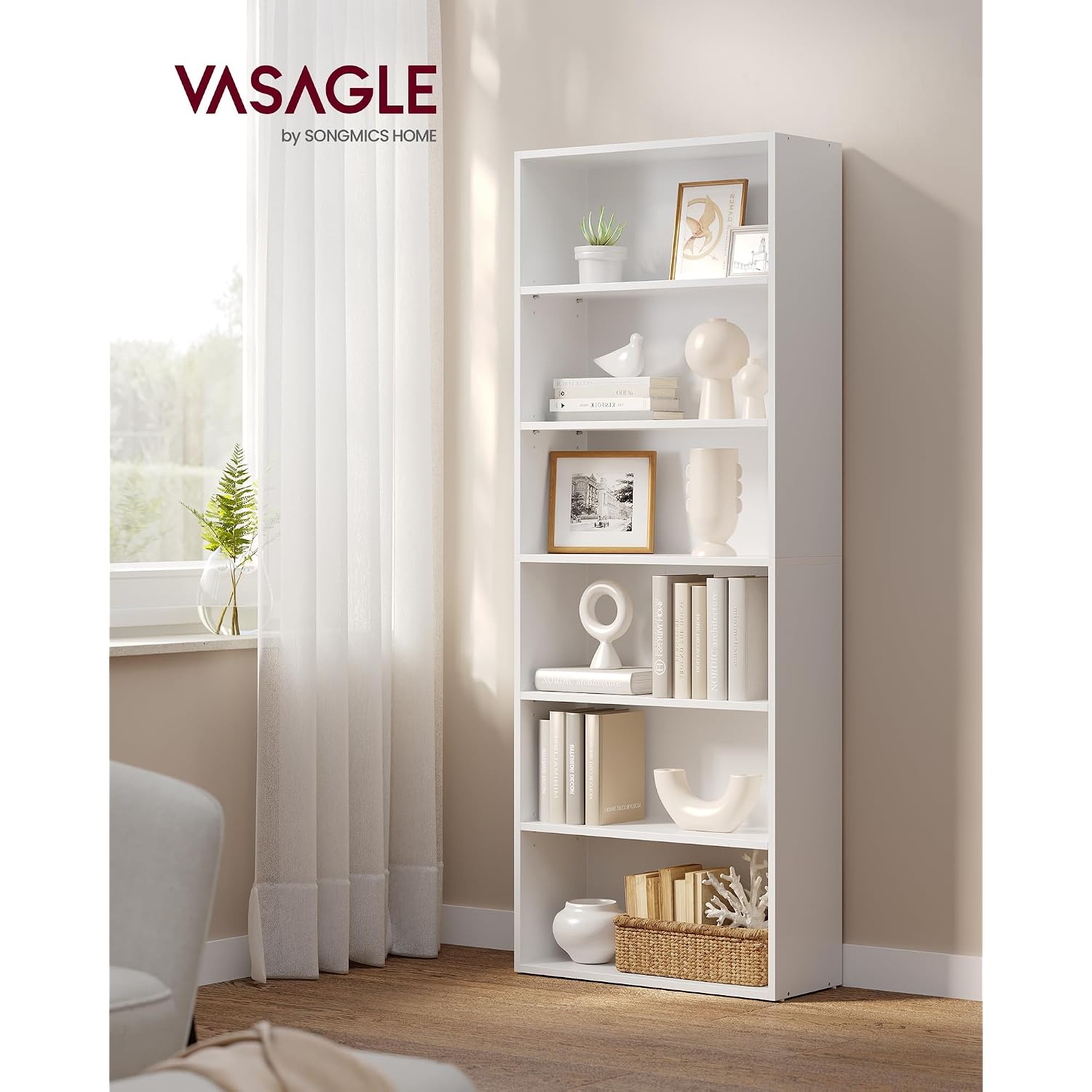 Vasagle Custos Collection - Bookshelf, 6-Tier Bookcase, Book Shelf, Open Storage Shelf, 9.4 X 23.6 X 63.3 Inches, For Living Room, Home Office, Dinning Room, Cloud White Ulbc166T14