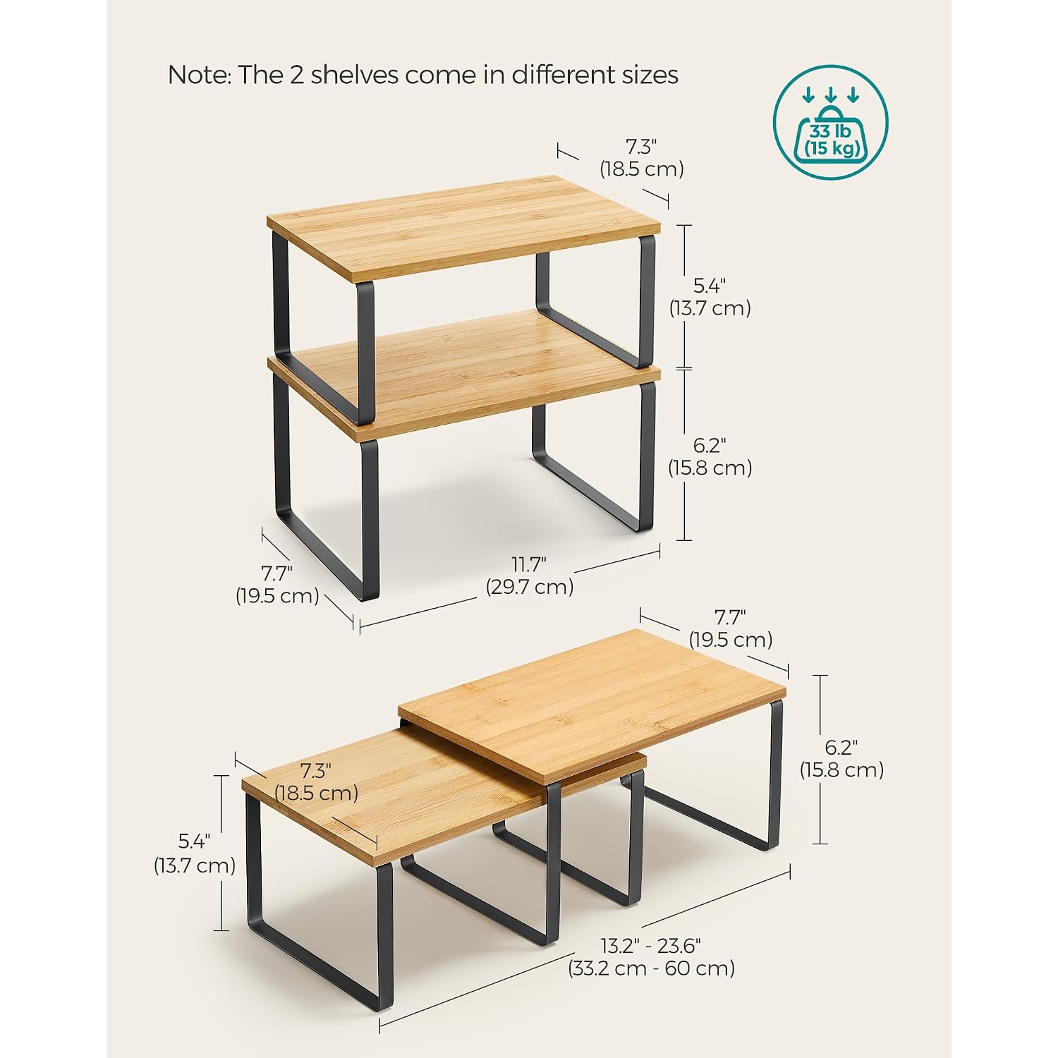 Songmics Cabinet Organizer Shelf, Set Of 2 Kitchen Counter Shelves, Kitchen Storage, Spice Rack, Stackable, Expandable, Metal And Engineered Wood, 11.7 Inches, Ink Black And Natural Beige Ukcs02Nb