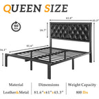 Hisoft Queen Bed Frame With Upholstered Button Tufted Headboard, Bed Frame Platform Metal Slats Support, Under Bed Storage, No Box Spring Needed, Noise-Free, Easy Assembly, Black