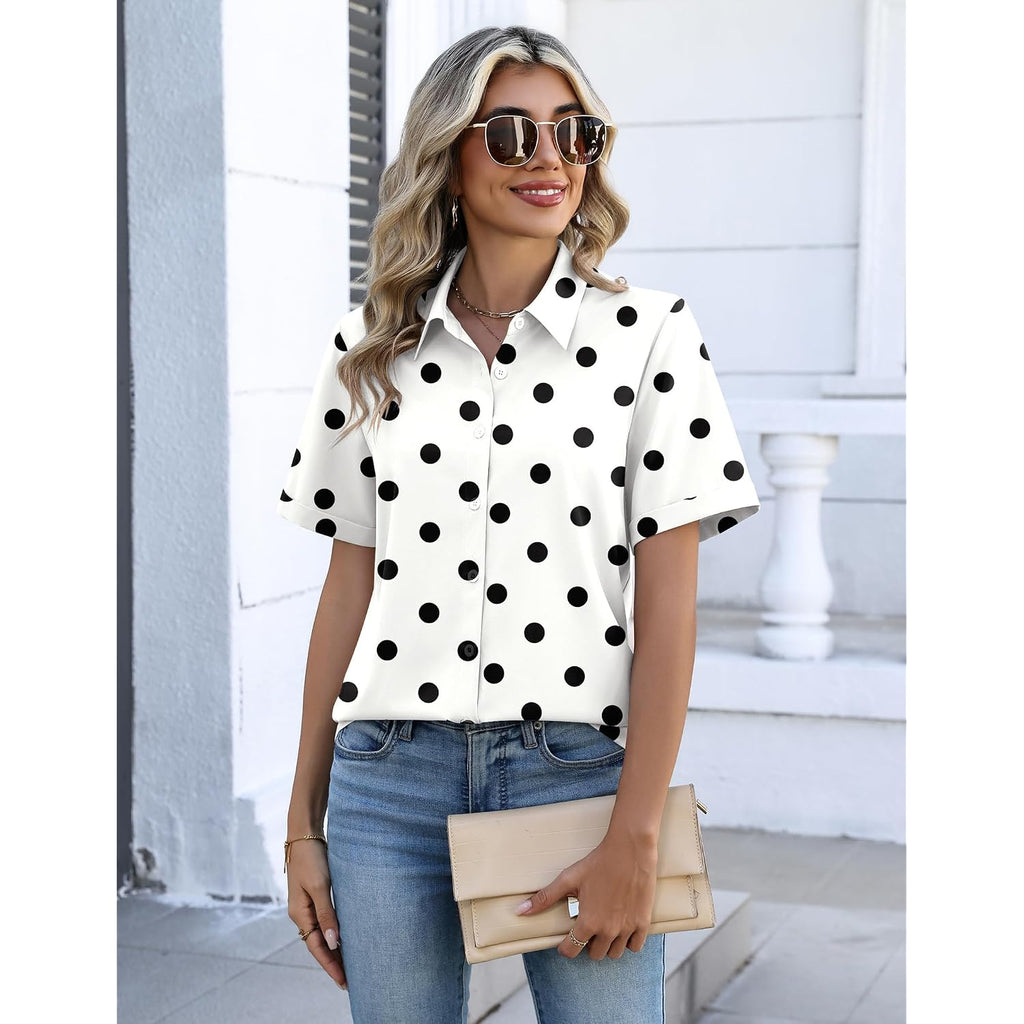 Zeagoo Button Down Shirts For Women Short Sleeve Collared Tops Dressy Casual V Neck Blouses