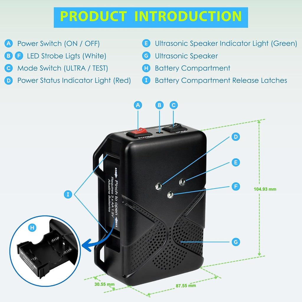 Battery Operated Ultrasonic Under Hood Rodent Repellent For Car Engines | Battery-Powered Ultrasonic Mice Repeller Rat Deterrent With Flashing Led Strobe Lights For Vehicles, Garages, Attics, Barns