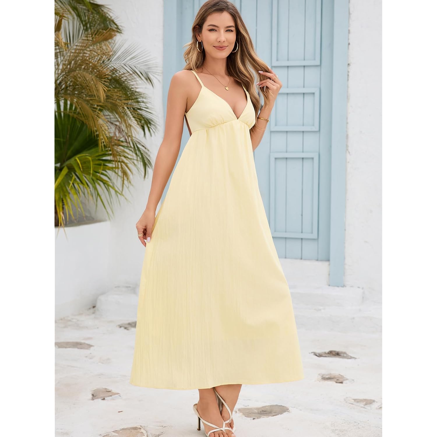 Women'S Dress V Neck Backless Spaghetti Strap Maxi Dress For Women Flowy Boho Casual Sundress