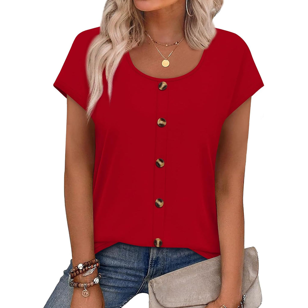 Wiholl Womens Summer Tops Cap Short Sleeve Shirts Button Down Blouses U Neck T Shirts Fashion Clothing