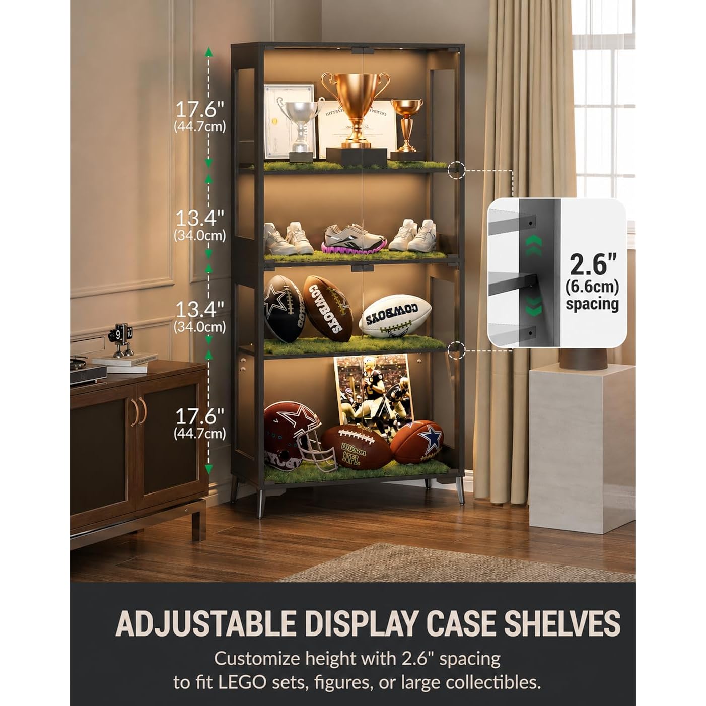 Display Cabinet With Glass Doors, 4-Tier Curio Cabinet With Adjustable Shelves, Glass Display Case For Collectibles, 60000 Color Led Lights With App & Remote Control, Metal Base Storage Cabinet, Black