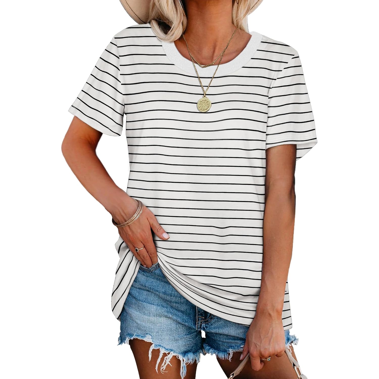 Jescakoo Womens Tops Summer Short Sleeve Ribbed Trim Crewneck T Shirts Spring Vacation Outfits Fashion Clothing Basic Tee A02-white Striped