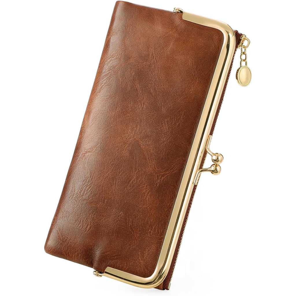 GOIACII Womens Wallet Ladies Vintage Billfold Compact Card Holder Long Zip Clutch Purse with Kiss Lock Brown