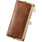 GOIACII Womens Wallet Ladies Vintage Billfold Compact Card Holder Long Zip Clutch Purse with Kiss Lock Brown