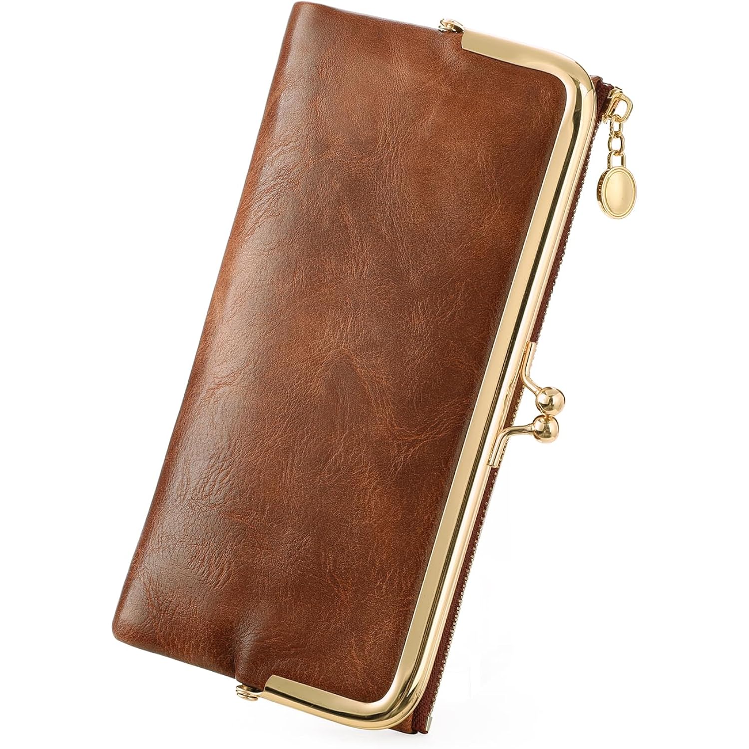 GOIACII Womens Wallet Ladies Vintage Billfold Compact Card Holder Long Zip Clutch Purse with Kiss Lock Brown