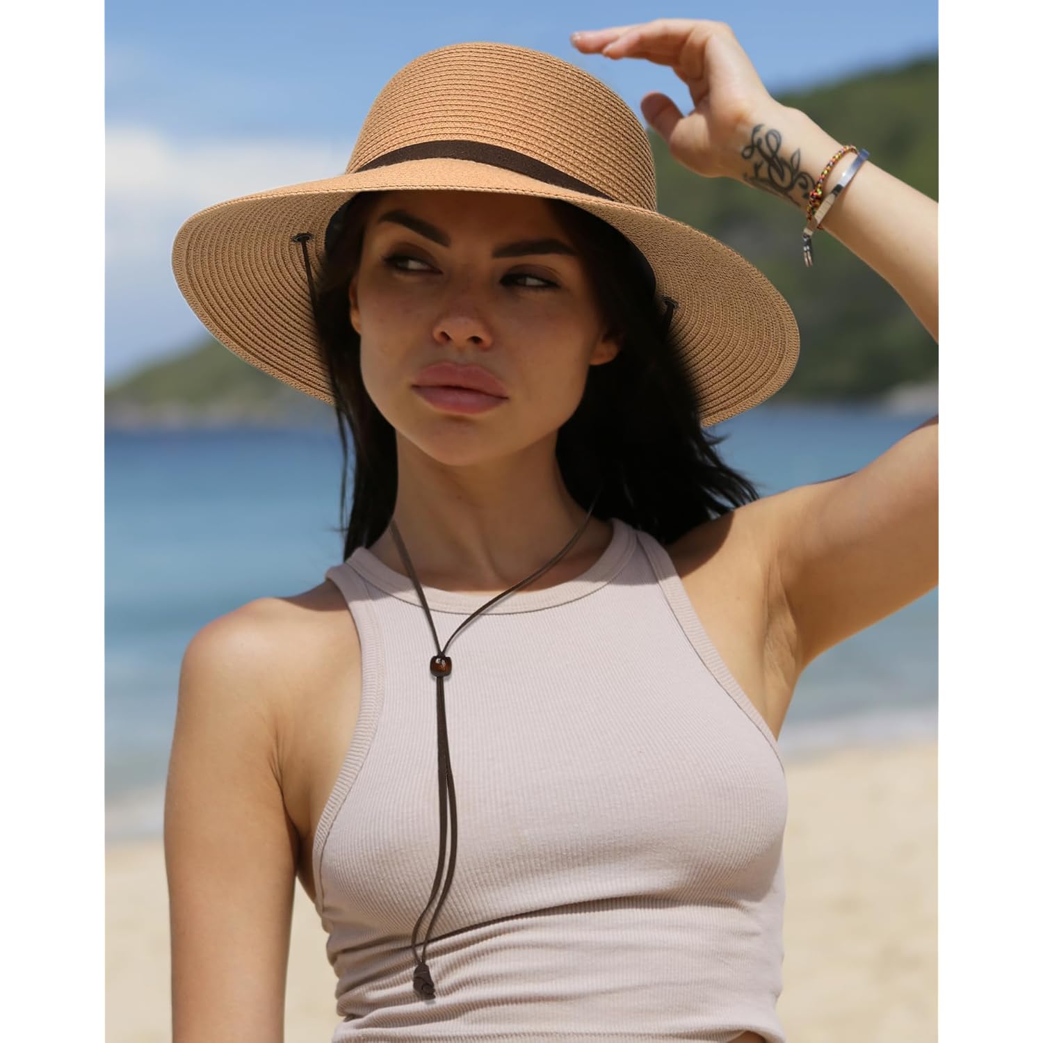 FURTALK Womens Wide Brim Sun Hat with Wind Lanyard UPF Summer Straw Sun Hats for Women