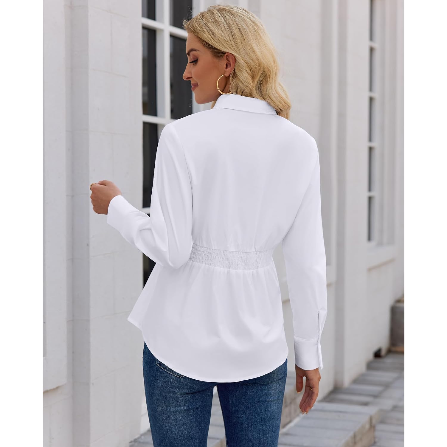 Siliteelon Button Down Shirts For Women Cinched Waist Dress Shirt Long Sleeve Cotton Blouse Business Casual Fitted Blouse Top