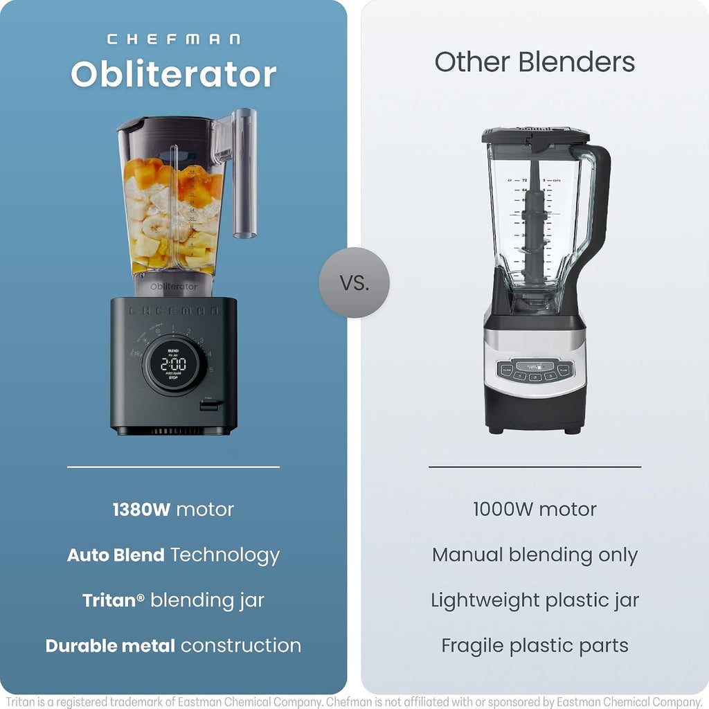 Chefman Obliterator 48 Oz Countertop Blender For Smoothies, 1380W Motor To Crush Ice, Nuts, And Frozen Fruit With Stainless Steel Blade, Auto Blend Function, Includes Tamper And Scraper