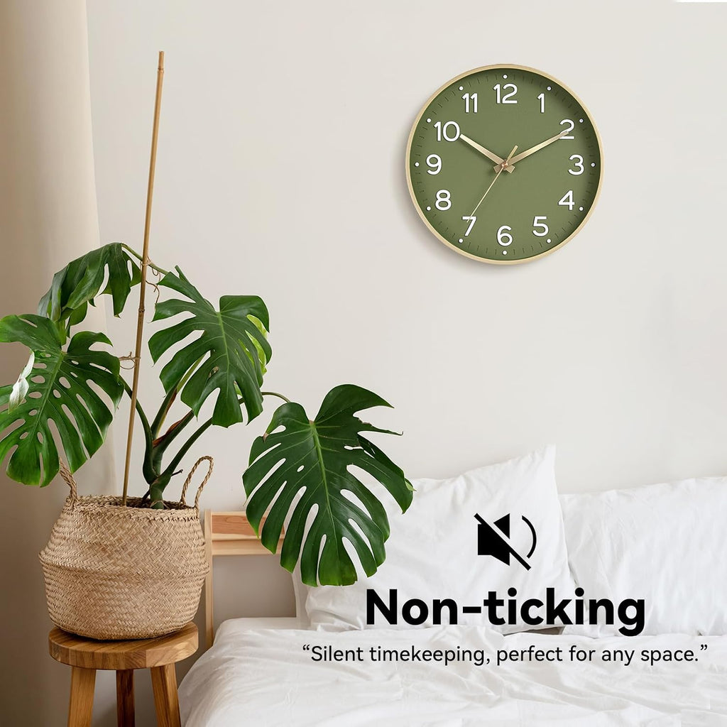 Roymnie Wall Clock 14 Inch Silent Green Wall Clocks Battery Operated- Modern Non Ticking Analog Clock Decorative For Living Room Bedroom Office Kitchen(Gold)