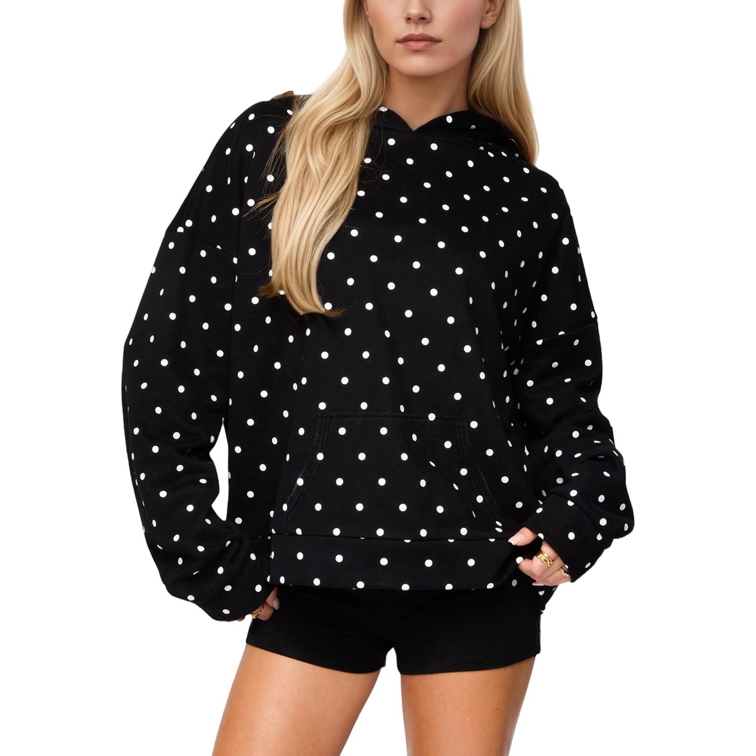 Hocandy Women Polka Dot Hoodie Oversized Fleece Hooded Sweatshirt Long Sleeve Drop Shoulder Graphic Print Hoodies With Pocket