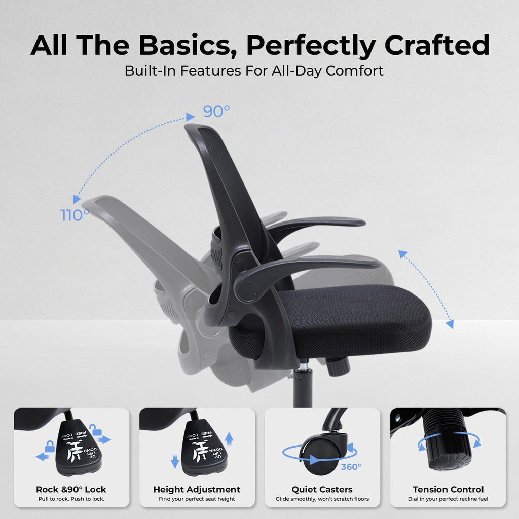 Ergonomic Mesh Office Chair For Home Office, Flip-Up Arms, Breathable Mesh Back & Thick Seat Cushion, Swivel Rolling Computer Desk Chair, Bifma Certified, Supports 300 Lbs (Black Frame/Black Seat)