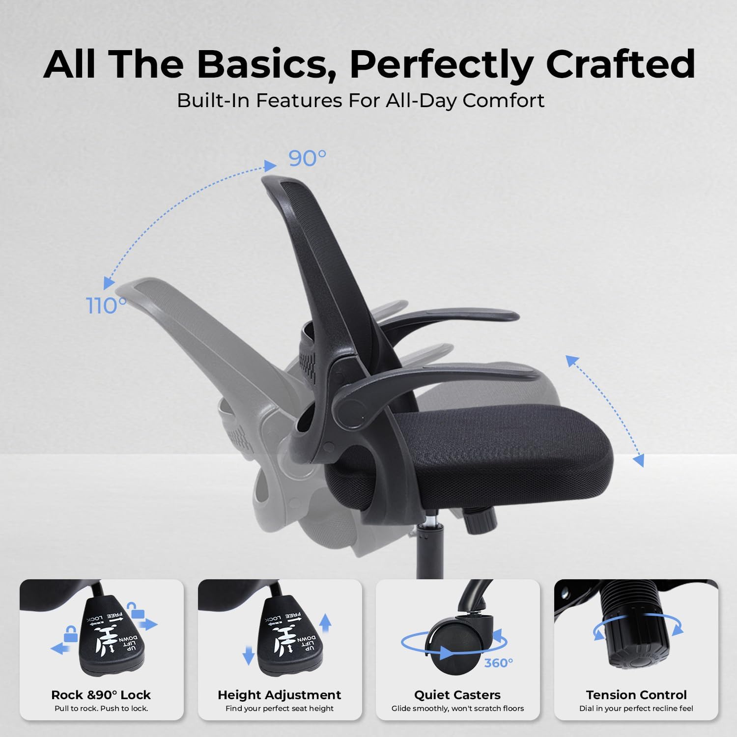 Ergonomic Mesh Office Chair For Home Office, Flip-Up Arms, Breathable Mesh Back & Thick Seat Cushion, Swivel Rolling Computer Desk Chair, Bifma Certified, Supports 300 Lbs (Black Frame/Black Seat)