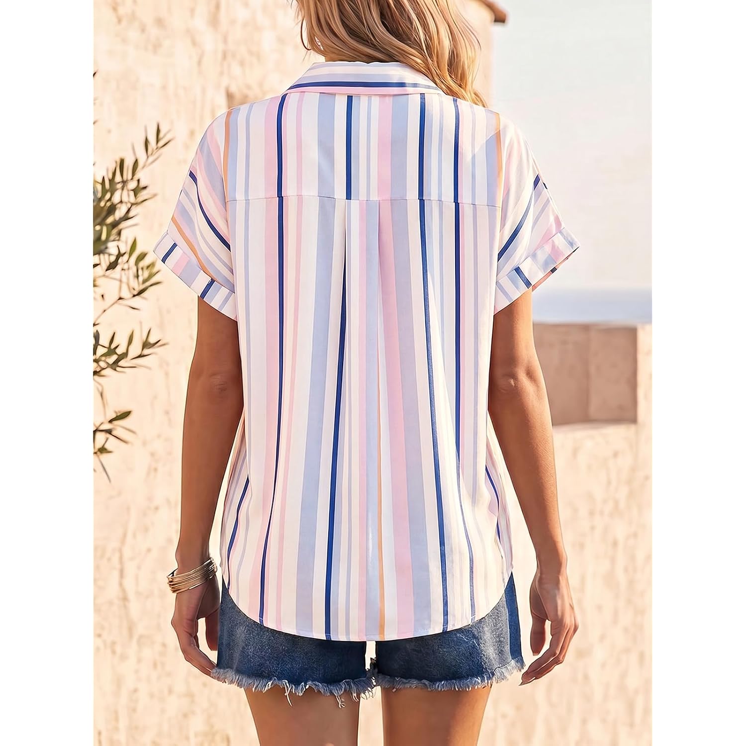 Tankaneo Womens Button Down Shirts Short Sleeve Blouses Summer Casual V Neck Collared Shirt Tops