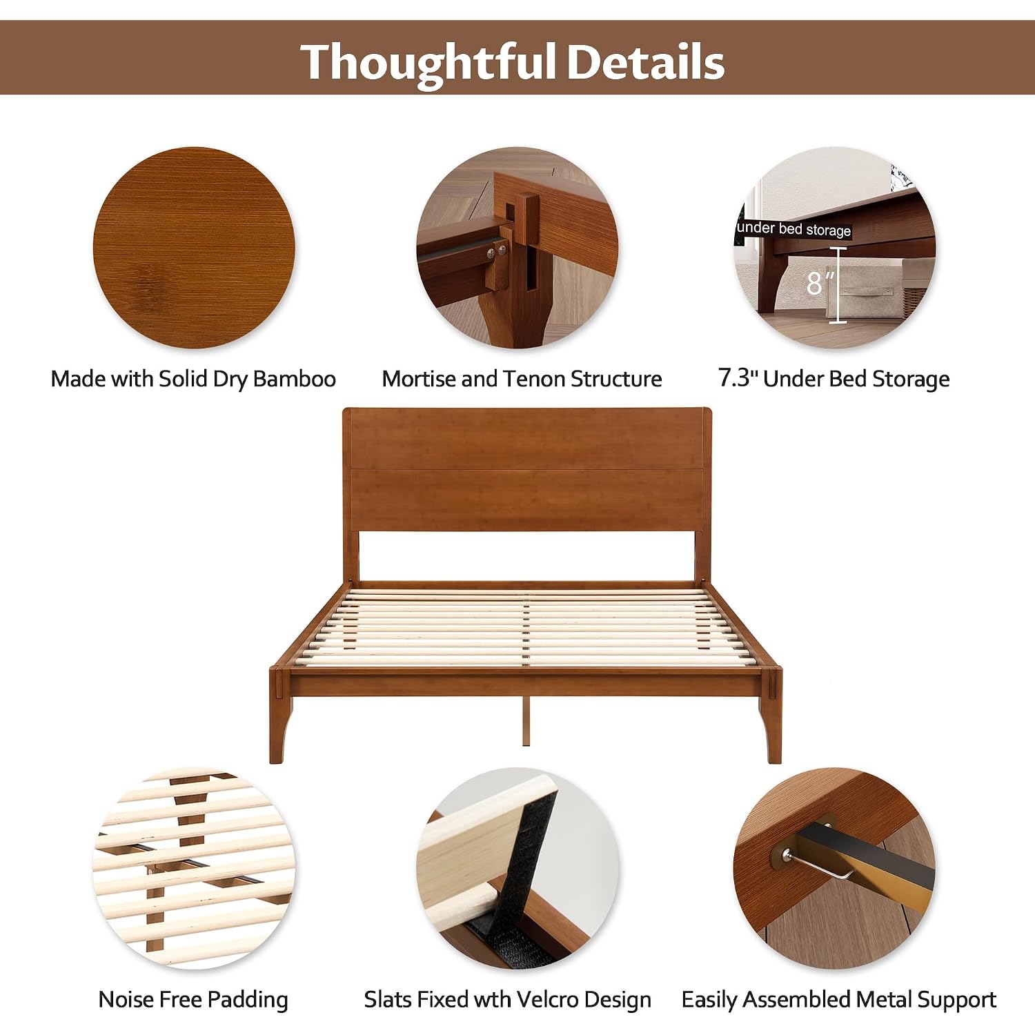 Merax Queen Size Bamboo Platform Bed Frame With Tall Headboard, Brown