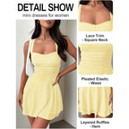 Miyieonz Women'S Square Neck Ruffle Hem Mini Dresses Ruched Waist Slim Sleeveless Corset Dress For Women Short Party Dress