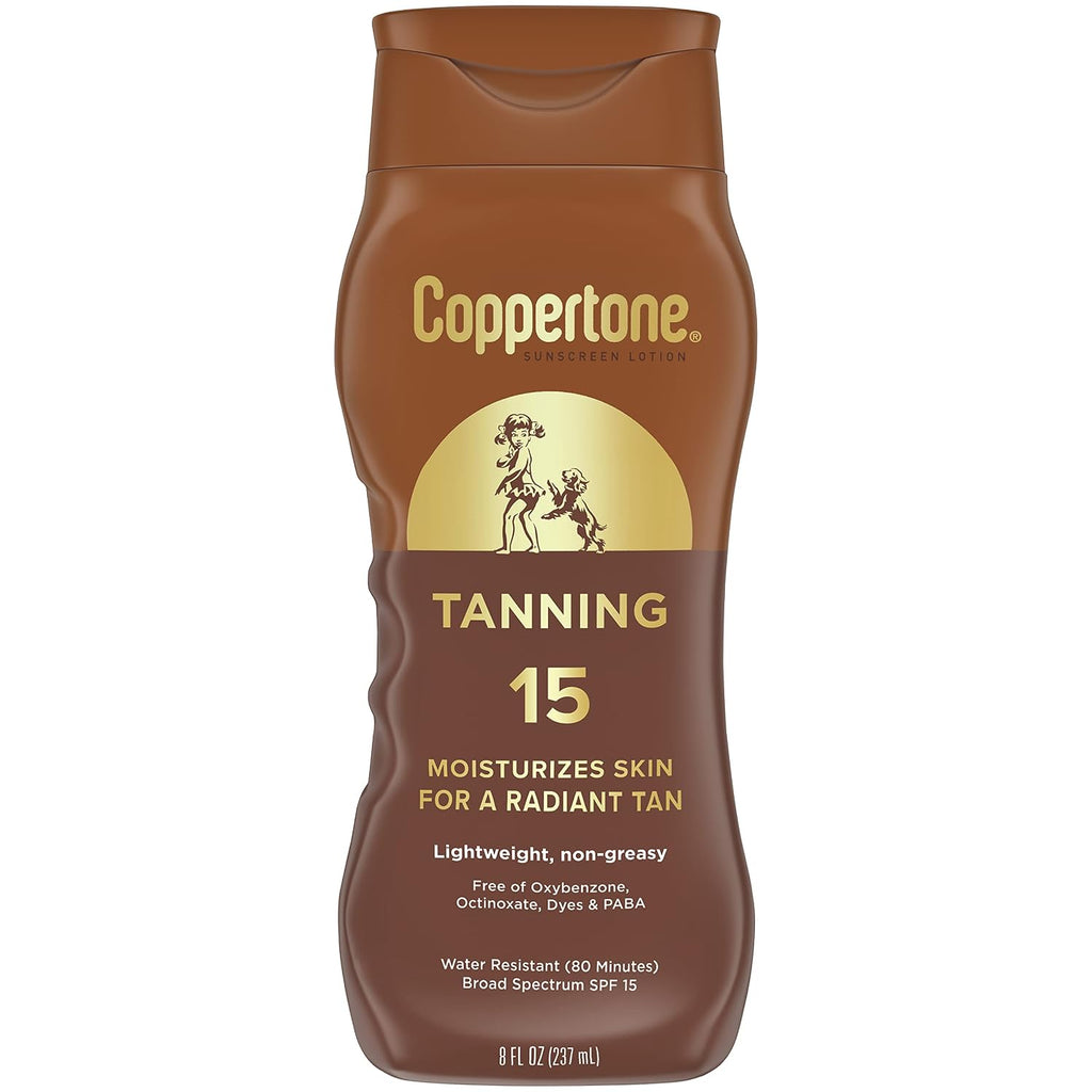 Coppertone Tanning Sunscreen Lotion, Spf 15, Lightweight And Non Greasy Sunscreen, Water Resistant, Oxybenzone Free, Sun Tan Lotion Moisturizes Skin For A Radiant Tan, 8 Fl Oz Bottle