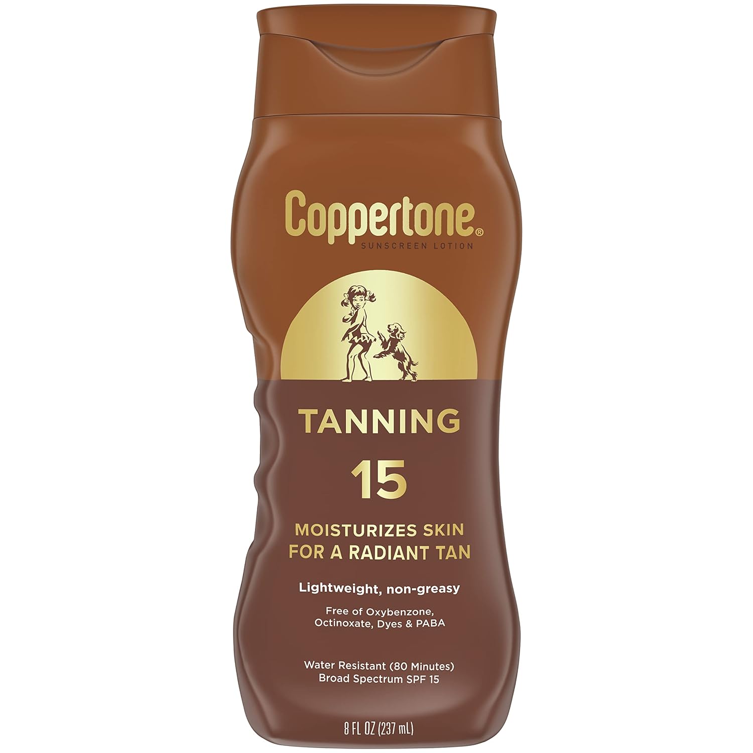Coppertone Tanning Sunscreen Lotion, SPF 15, Lightweight and Non Greasy Sunscreen, Water Resistant, Oxybenzone Free, Sun Tan Lotion Moisturizes Skin for a Radiant Tan, 8 Fl Oz Bottle