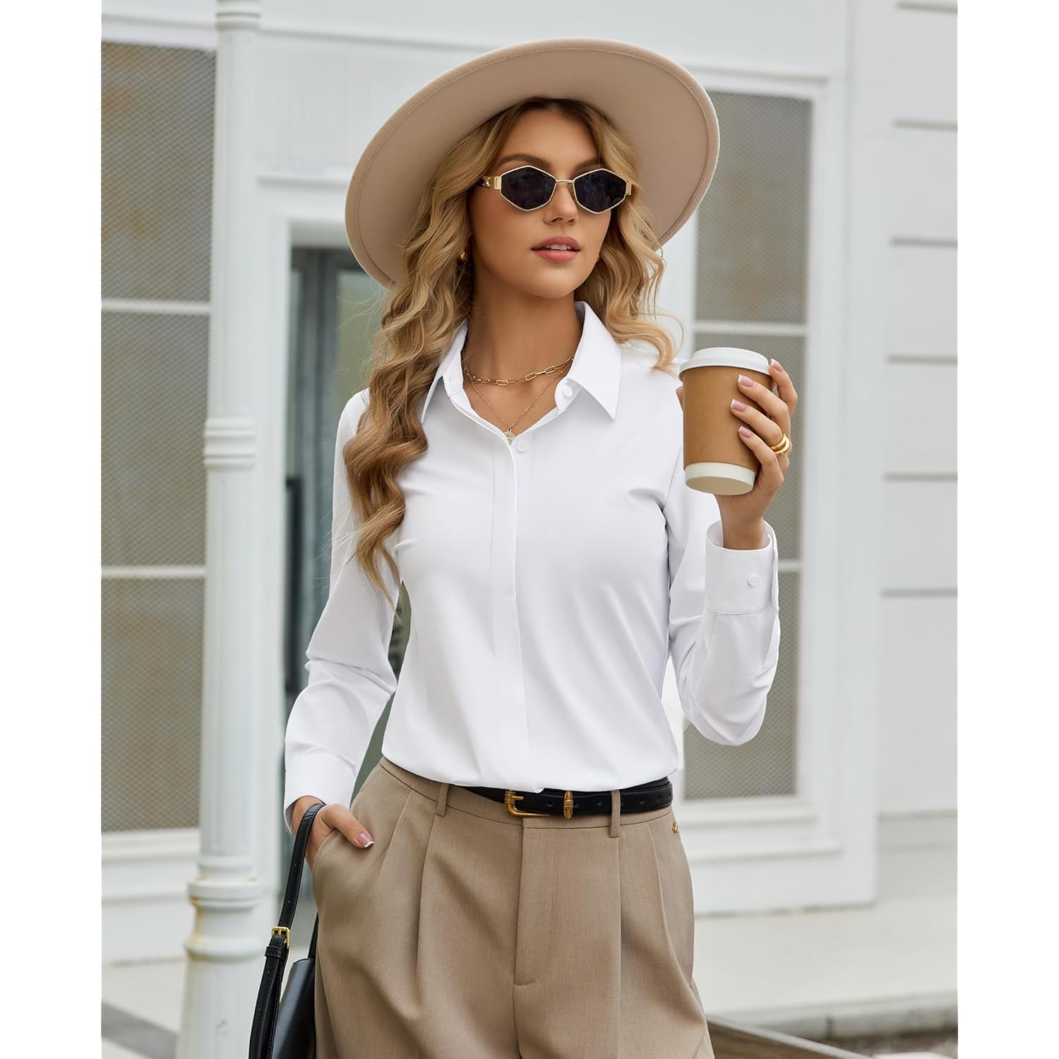 Womens Stretch Button Down Shirt Fitted Dress Shirt Long Sleeve Wrinkle Free Collared Business Casual Blouse