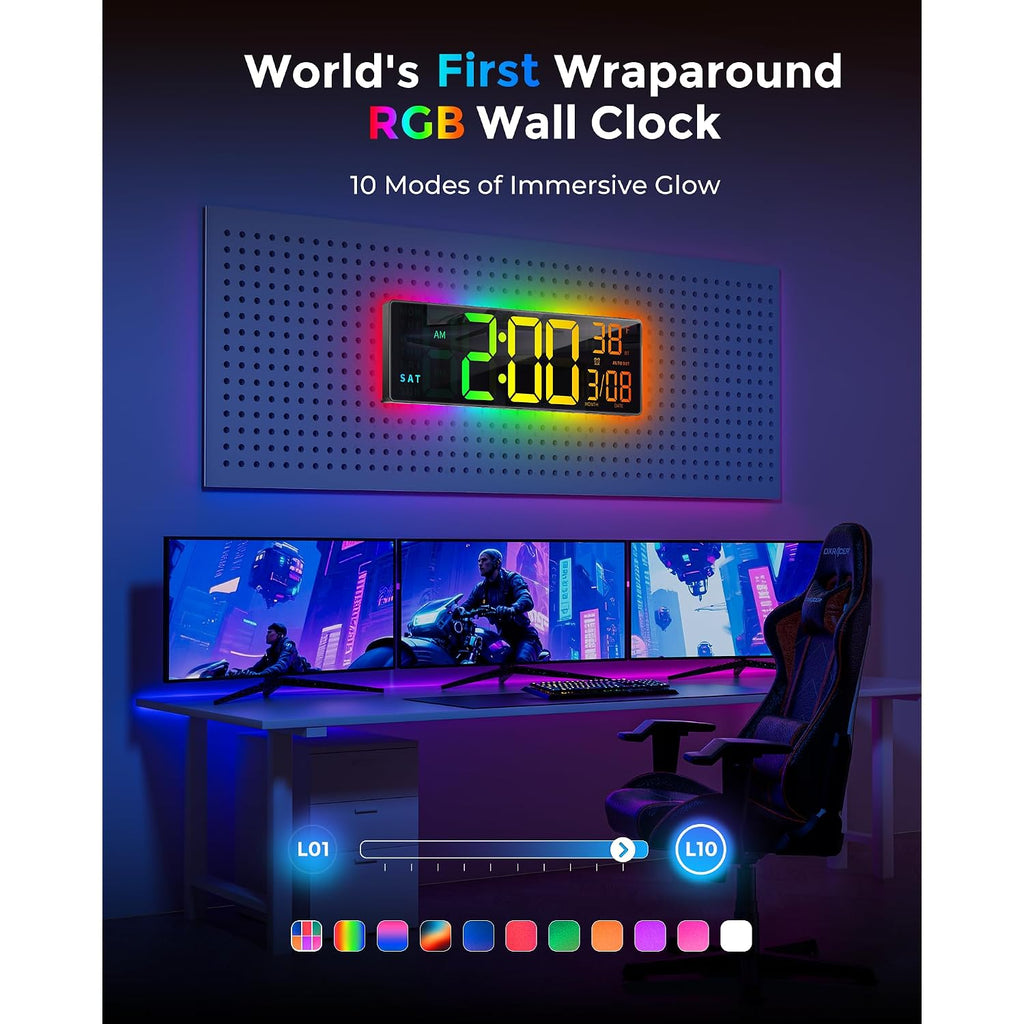 Easyera 16.5" Large Digital Wall Clock With Bt Sync, 11 Rgb Lights | 11 Scenes Mode Remote Control, Big Led Clock With Dual Alarms, Auto Dst, Temperature For Classroom Gaming