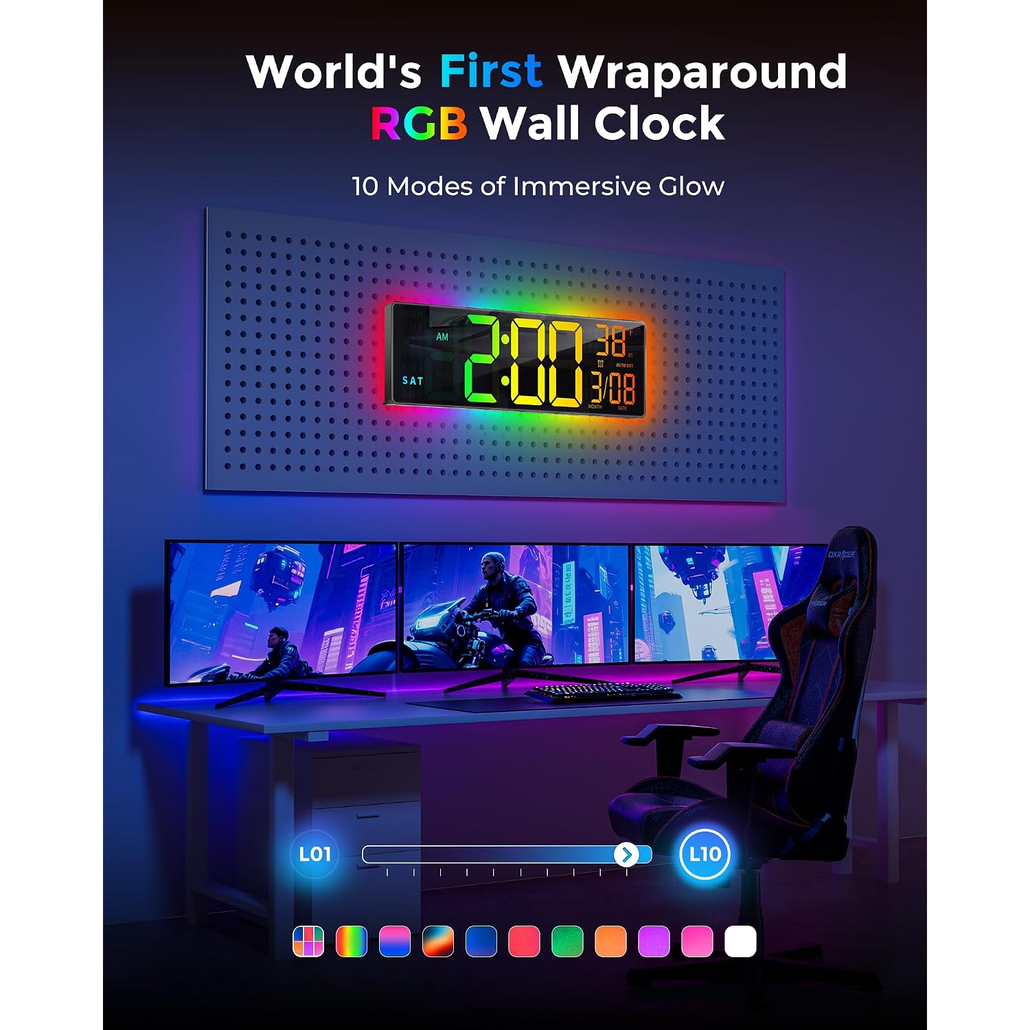 Easyera 16.5" Large Digital Wall Clock With Bt Sync, 11 Rgb Lights | 11 Scenes Mode Remote Control, Big Led Clock With Dual Alarms, Auto Dst, Temperature For Classroom Gaming