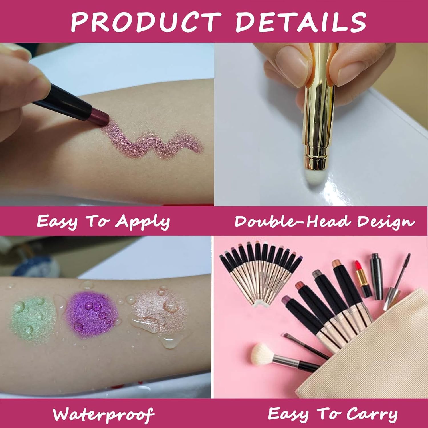 SAUBZEAN Rose Gold Eyeshadow Stick Makeup, Highlighter Matte Cream Eye Shadow Pencil, Waterproof Hypoallergenic Long Lasting Crayon, Glitter Primer Palette Shimmer Eyeliner Pen wiht Soft Brush