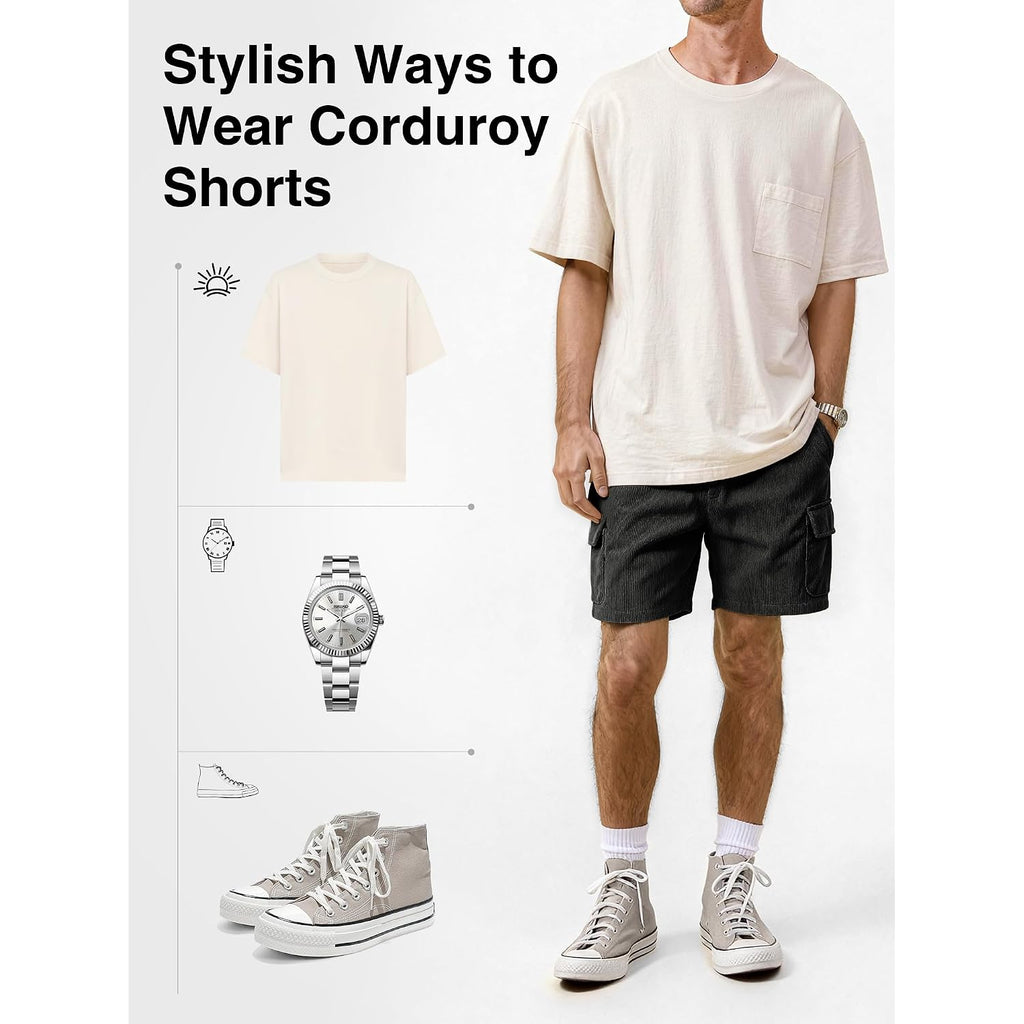 Plepan Men'S Corduroy Cargo Shorts 7" Relaxed Fit 5 Pockets Casual Shorts With Drawstring Elastic Waist & Side Velcro Pockets