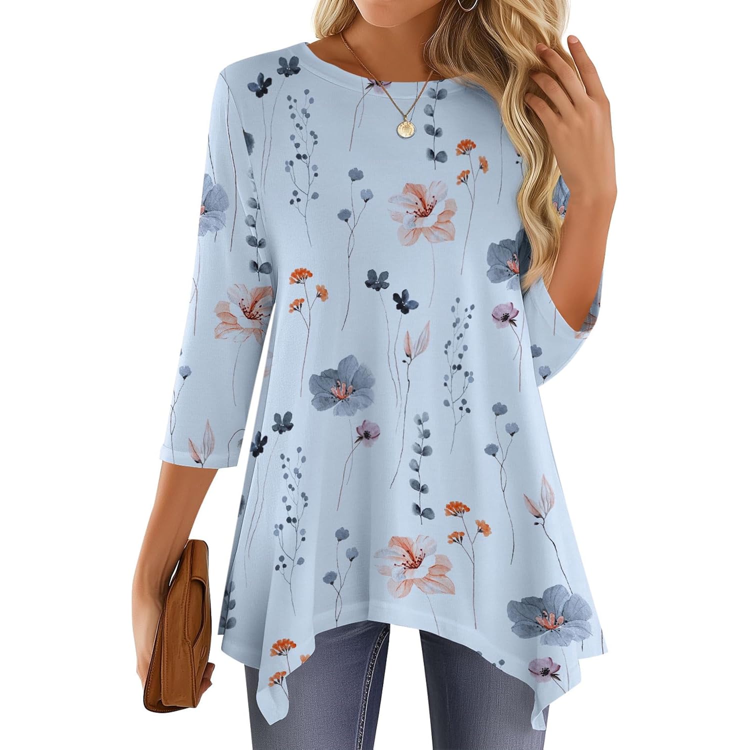 3/4 Length Sleeve Tunic Tops for Women Loose Fit Dressy Casual Blouses Shirts with Asymmetrical Hem S-3XL