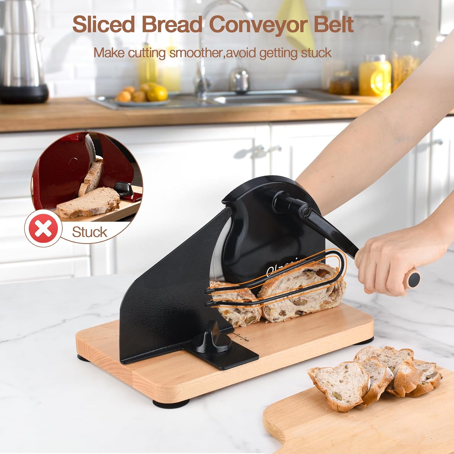 Manual Bread Slicer For Homemade Sourdough Bread, Hand Crank Bread Slicer With Scale Line, Metal Guide & Adjustable Thickness Bread Loaf Slicer, Sharp Blade Bread Cutter For Sourdough Bread (Black)