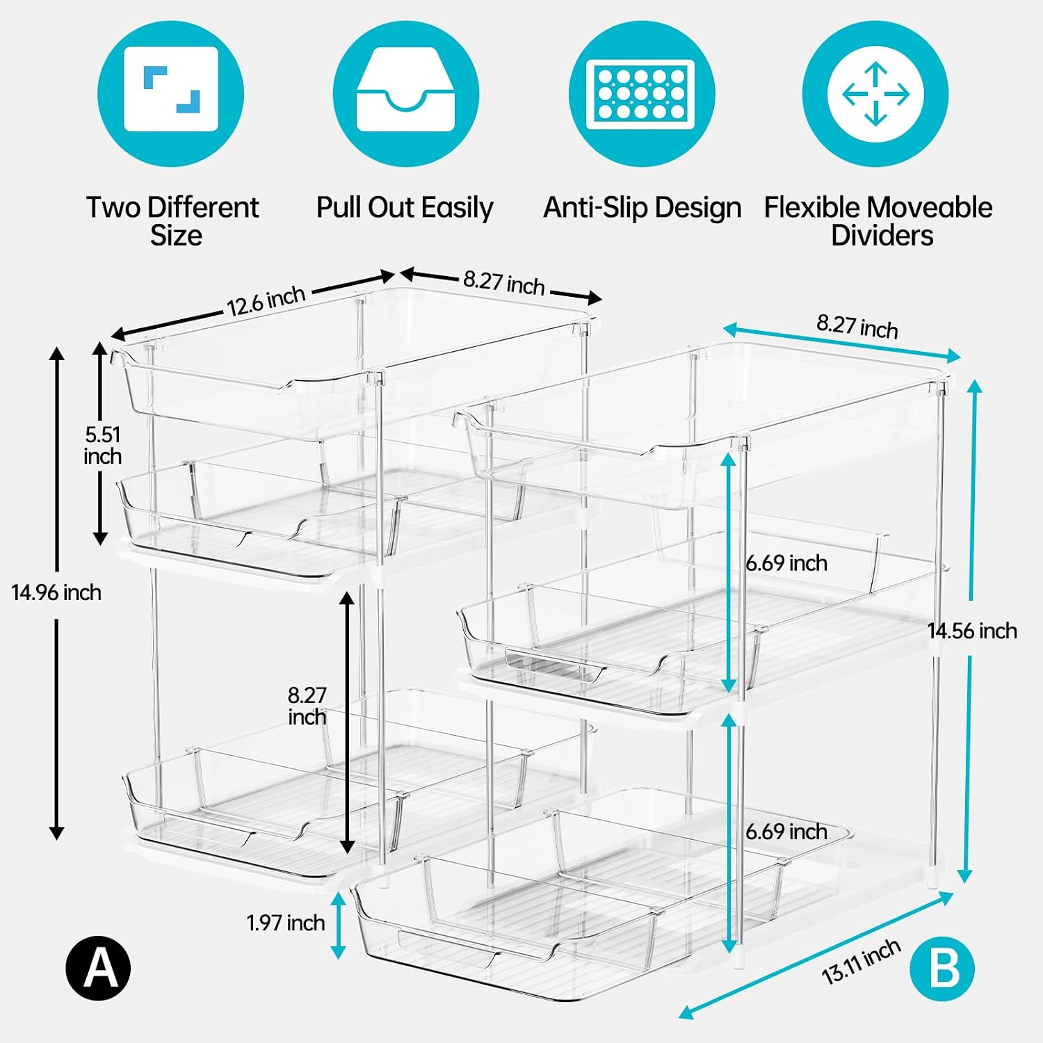 Delamu 2 Sets Of 3-Tier Bathroom Under Sink Organizers And Storage, Multi-Purpose Stackable Pantry Organization And Storage, Pull Out Clear Kitchen Bathroom Cabinet Organizer With Movable Dividers | Storage