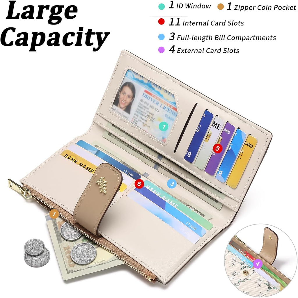 GAEKEAO Womens Wallet Slim Thin RFID Blocking Floral Vegan Leather Card Holder Bifold Long Ladies Wallet with Zipper Pocket
