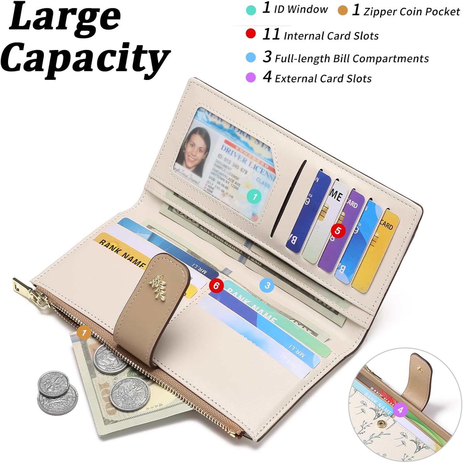 GAEKEAO Womens Wallet Slim Thin RFID Blocking Floral Vegan Leather Card Holder Bifold Long Ladies Wallet with Zipper Pocket
