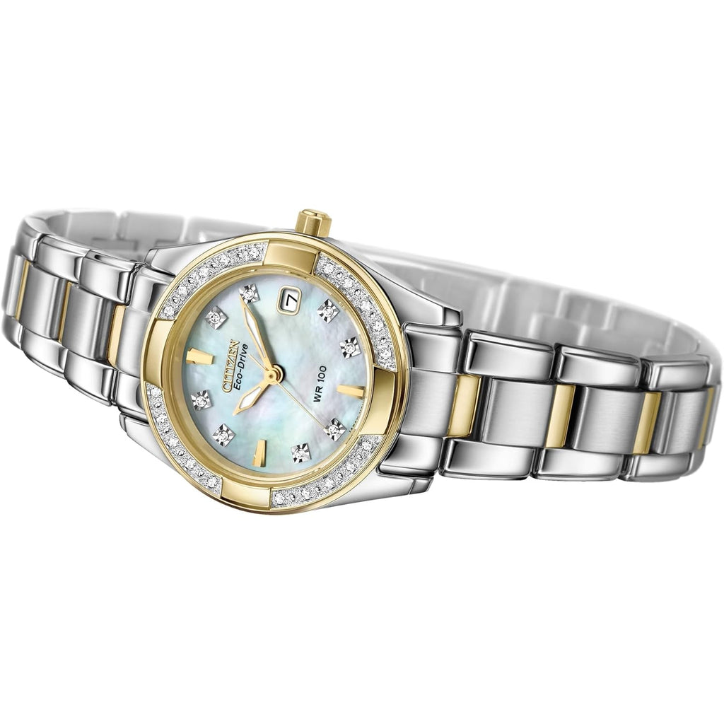 Citizen Women's Eco-Drive Dress Classic Diamond Watch in Two-Tone Stainless Steel, Mother of Pearl Dial (Model: EW1824-57D)