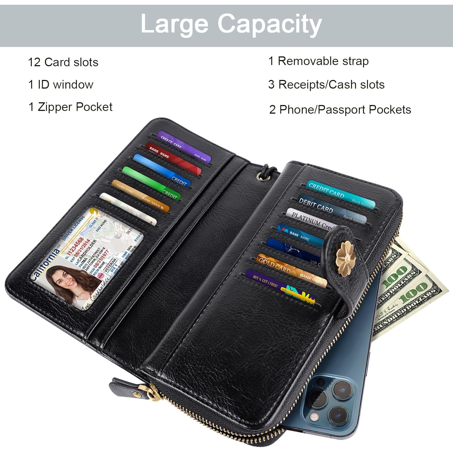 Coco Rossi Women Wallets Multi Card Case Wallet Clutch Wallet Card Holder Organizer Ladies Purse Wrist strap Purse, Black Butterfly
