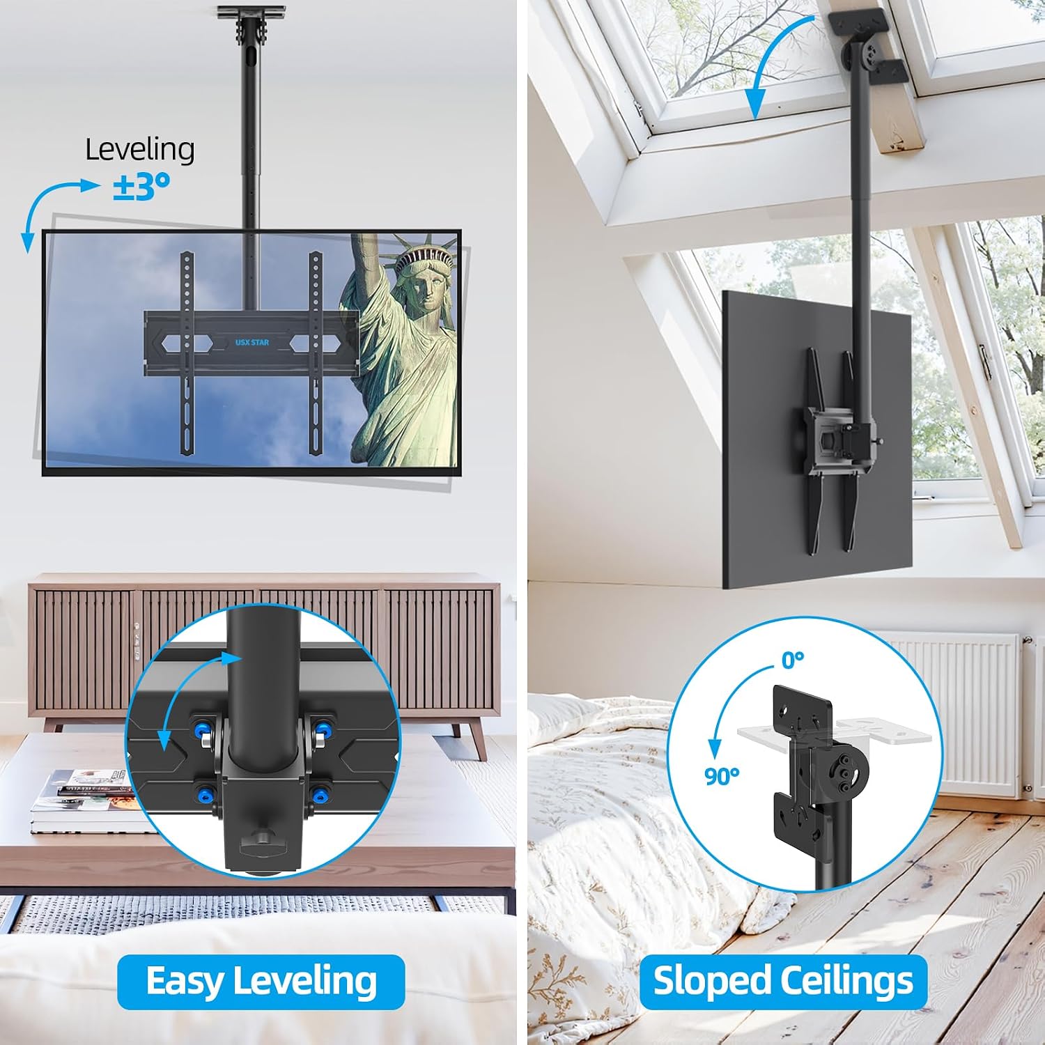 Ceiling Tv Mount For 26-65 Inch Tvs, 360° Swivel Full Motion Ceiling Mount Tv Bracket, Height Adjustable, Tilt Tvs Ceilings Mounts, Supports Up To 110 Lbs, Max Vesa 400X400Mm