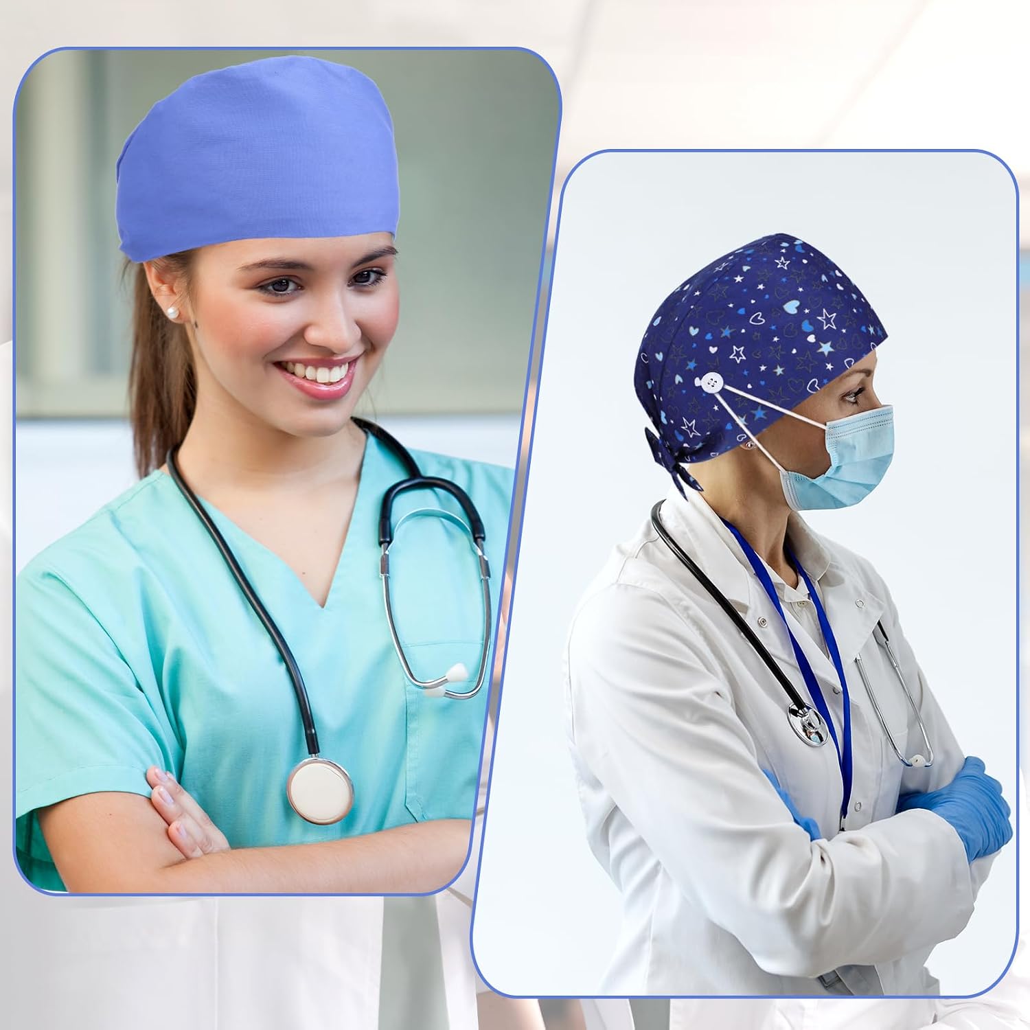 2Pcs Scrub Caps Women, Nursing Hats With Buttons & Sweatband Adjustable Bouffant Working Cap Surgery Cap Women