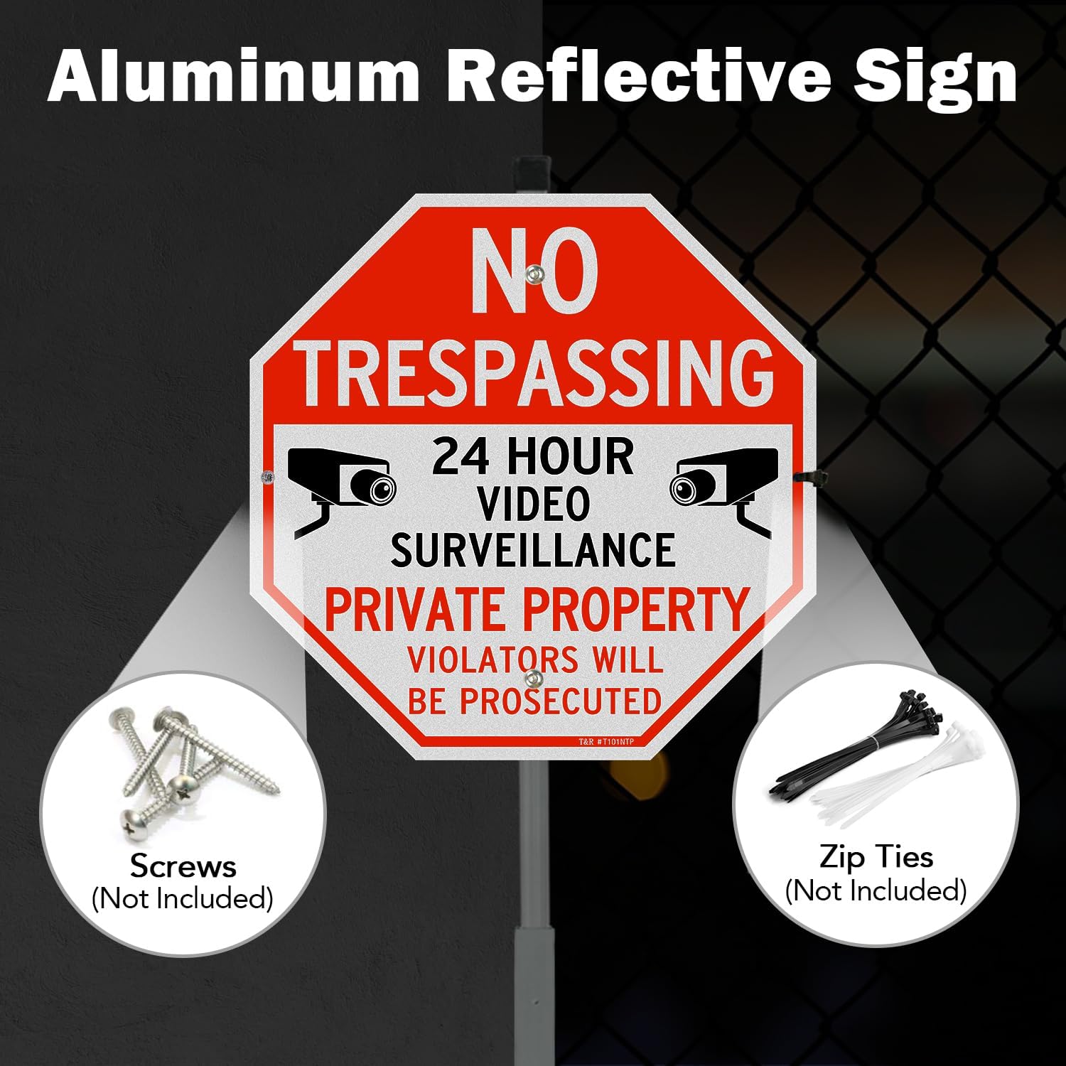T&R Large No Trespassing Private Property Sign Video Surveillance Sign With 36" Stake For Outside - 2 Pack - 12"X12" .040 Rust Free Heavy Aluminum, Reflective, Waterproof, Weatherproof And Fade