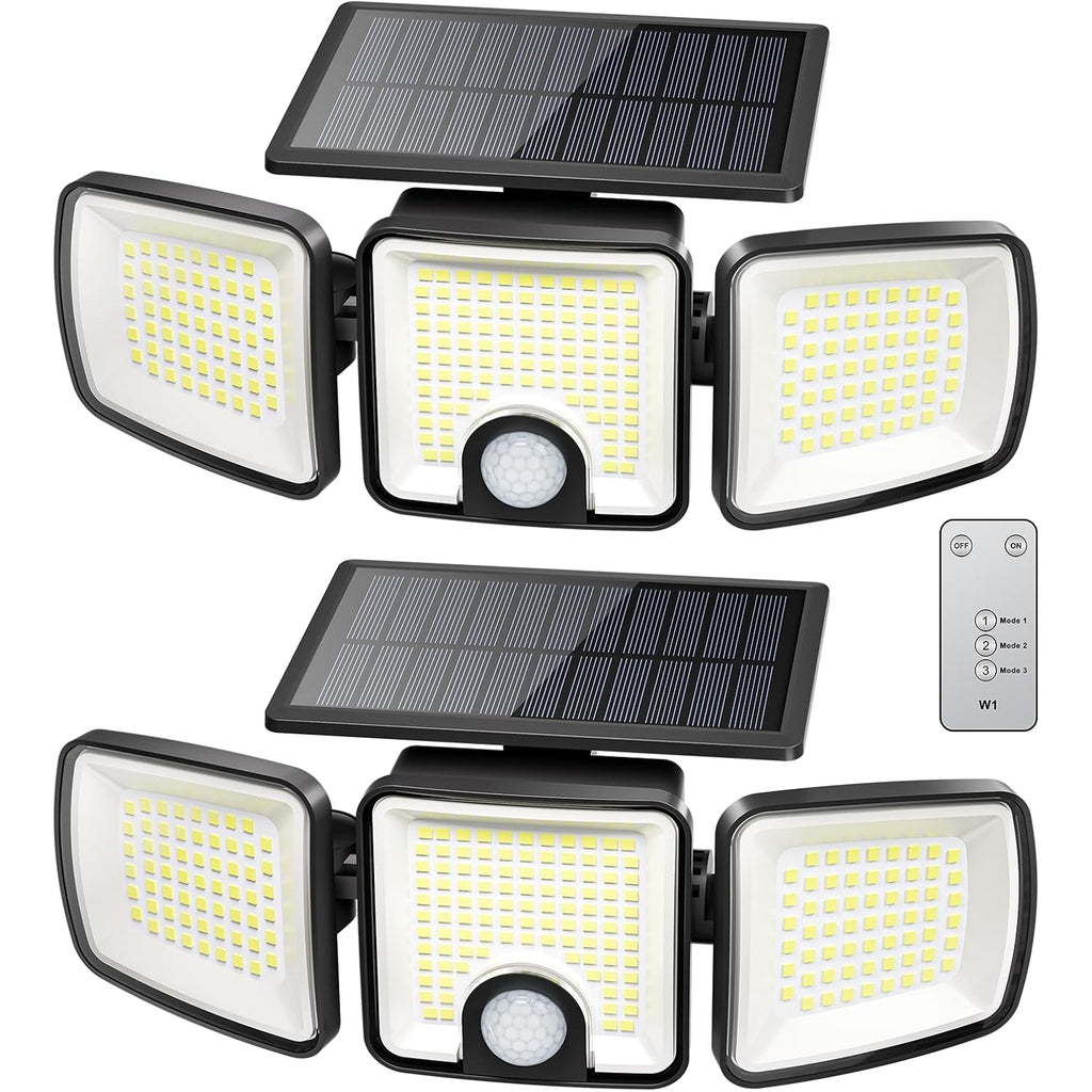 Brightown 2 Pack Solar Outdoor Lights, 2500Lm 223 Led Solar Flood Outdoor Lights With Motion Sensor 3 Modes, 3 Head 270° Wide Angle Street Area Ip65 Waterproof Security Wall Lights With Remote