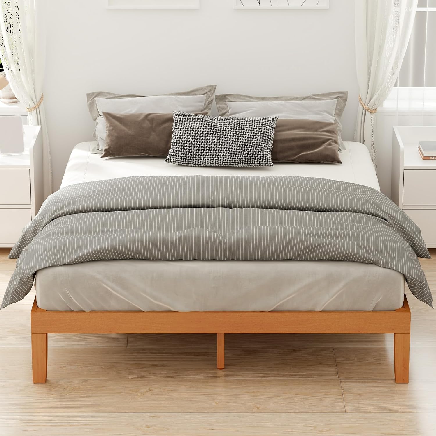 Dumos Full Size Bed Frame, Solid Wooden 12In Platform Bed Base With Sturdy Wood Slat Support, Noise-Free Design, No Box Spring Needed, Easy Assembly, Natural Pine